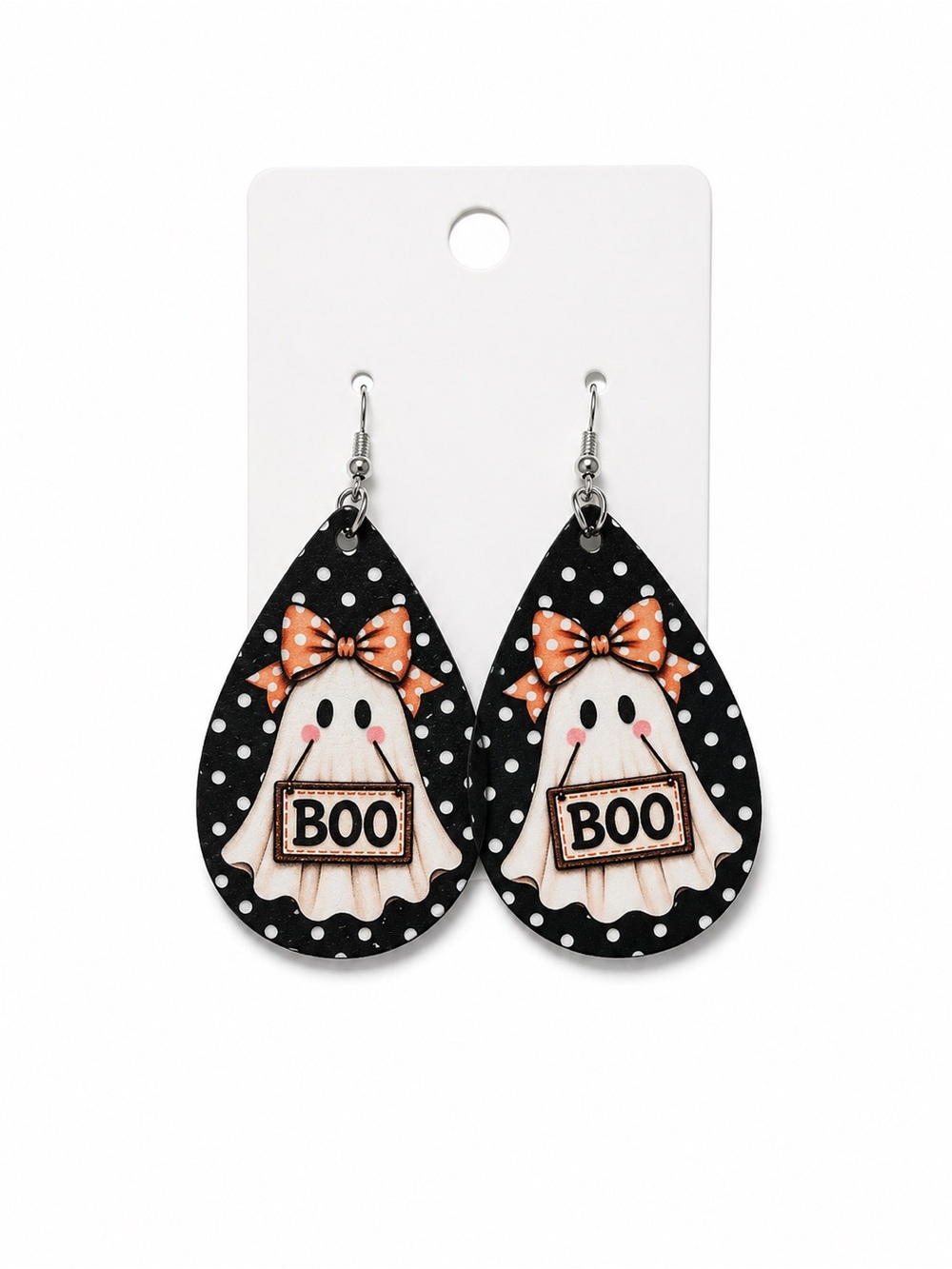 Halloween 'Boo' Ghost Teardrop Earrings - Black & Orange